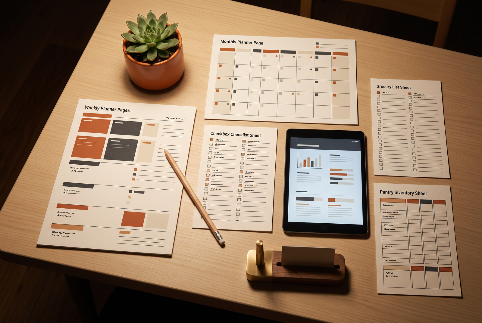 Printable planner pages, checklist, grocery list and pantry inventory sheet laid out with a tablet