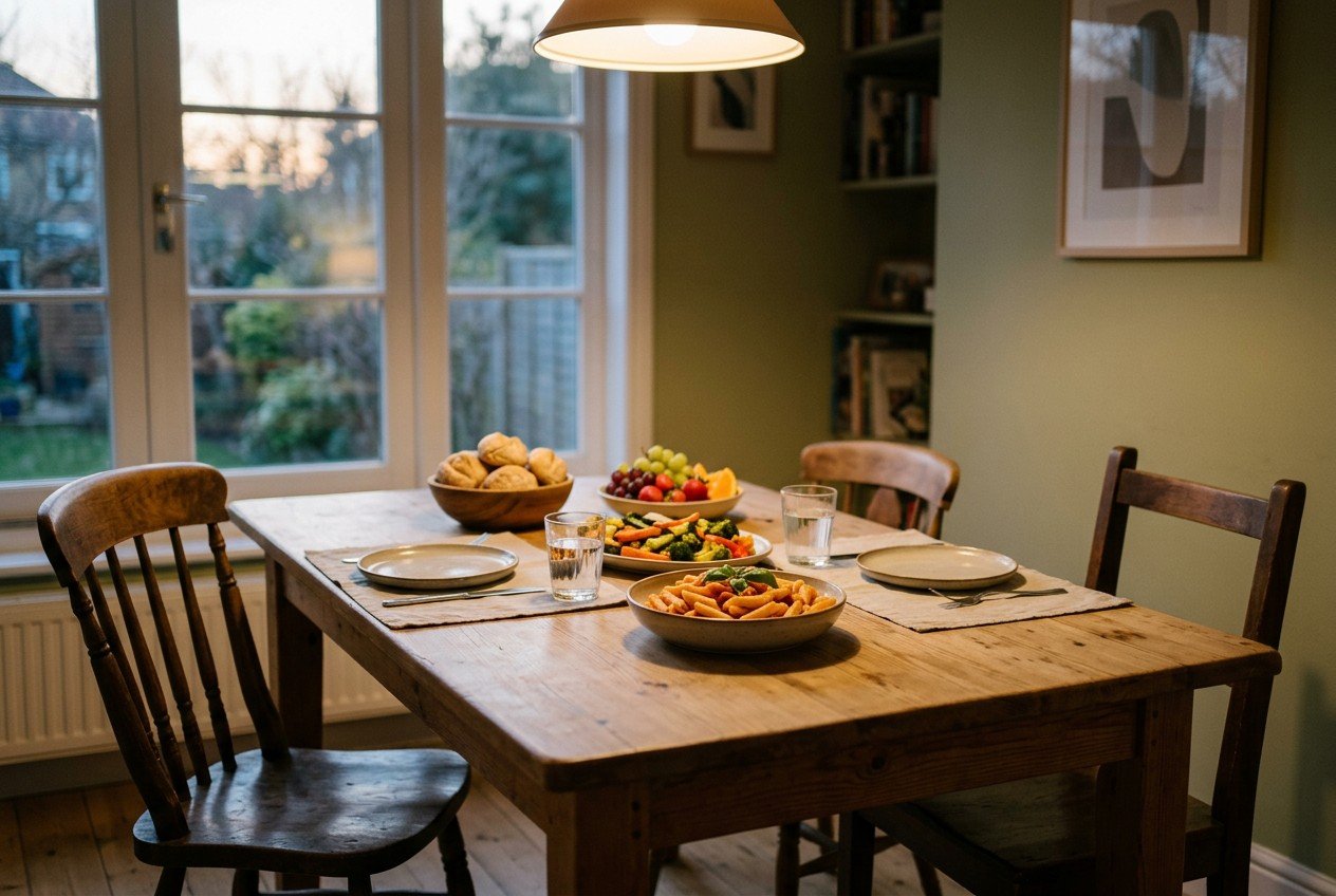 A calm evening dinner table with simple dishes and empty chairs