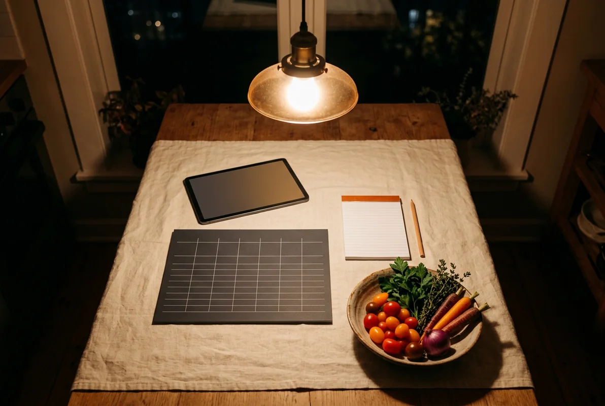 A kitchen table at night under a warm pendant lamp with a weekly planner, tablet and a bowl of vegetables