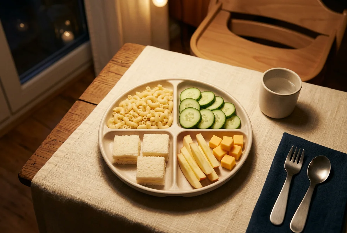 A divided kids’ plate with pasta, cucumber slices, sandwich squares, apple slices and cheese cubes